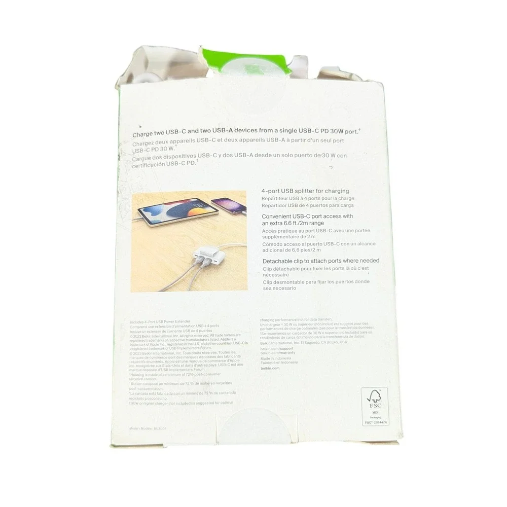 Aa2O Belkin 4-Port USB Power Extender For Apple, Samsung,‎ Google. White
